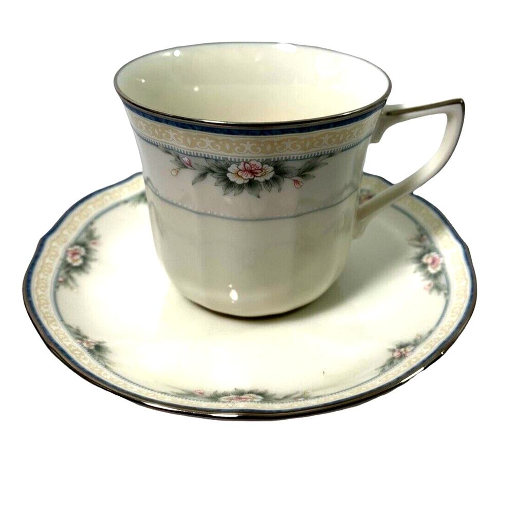 Vtg Noritake Allendale China Cup & Saucer Ivory Blue‎ Silver Trim Porcelain 7359